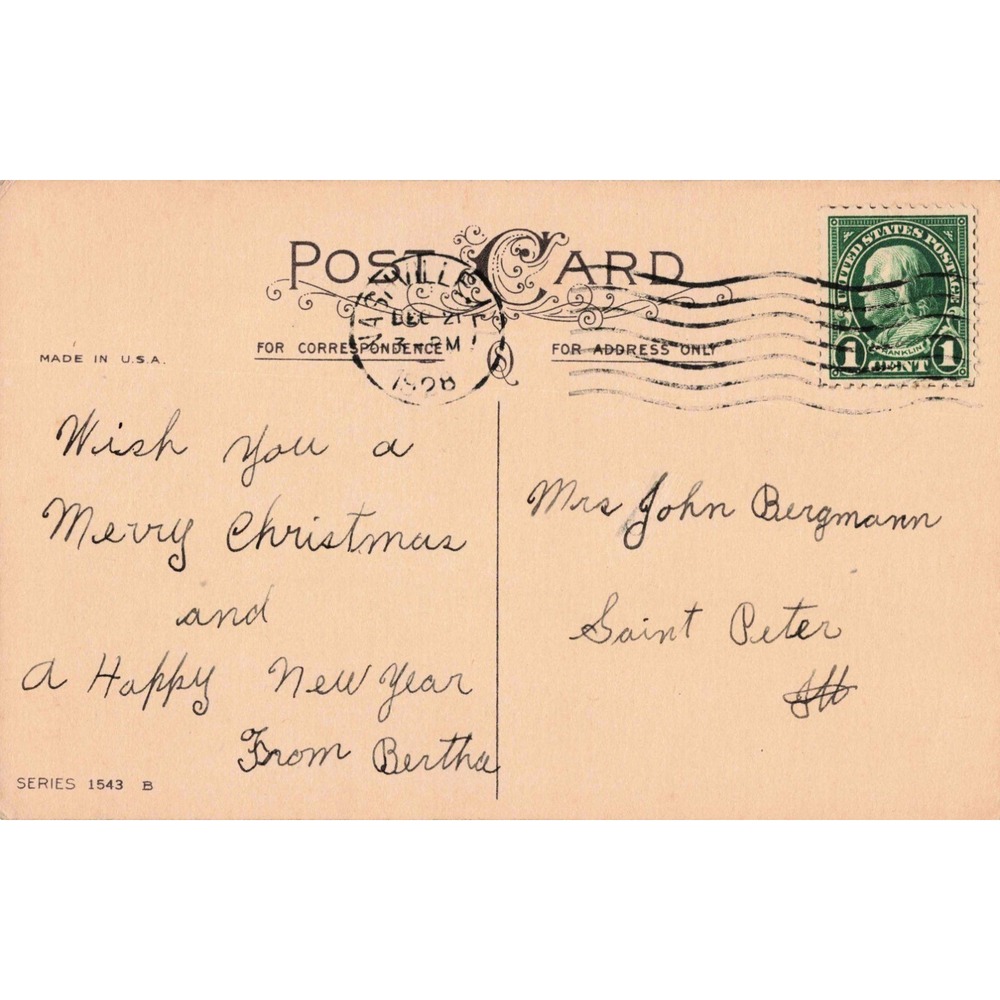 Vintage 1928 Christmas Postcard Fireplace Holly 1c Franklin Stamp Series 1543 - Picture 2 of 2